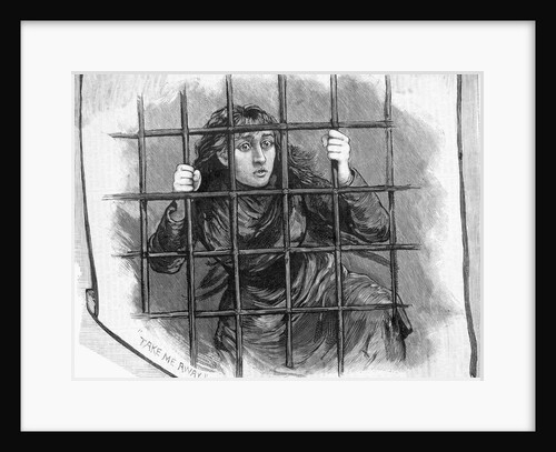Insane Girl Behind Bars; Woodcut by Anonymous