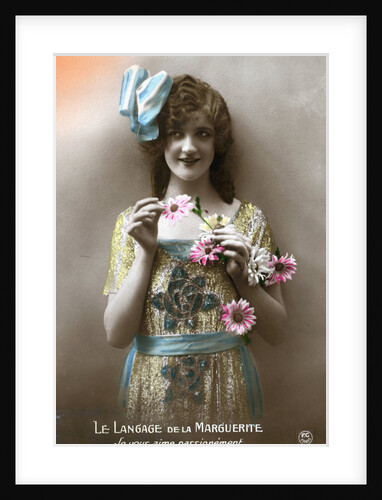 French Postcard of Woman Holding Flowers by Anonymous