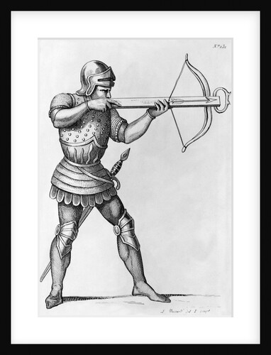 Engraving of a Knight Aiming a Crossbow by L. Massard