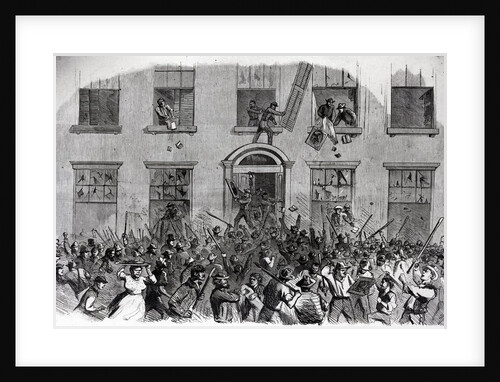 19th-Century Print of Rioters Attacking Brownstones by Anonymous
