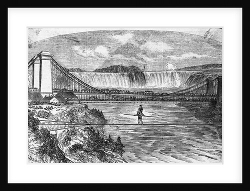 Woodcut Illustration of Charles Blondin Crossing Niagara River on Tightrope by Anonymous