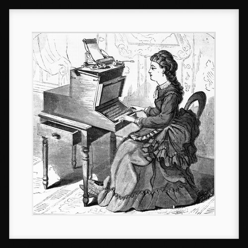 19th-Century Woodcut of a Young Woman Typing by Anonymous