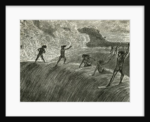Illustration of Hawaiian Natives Surfing On High Wave by Anonymous