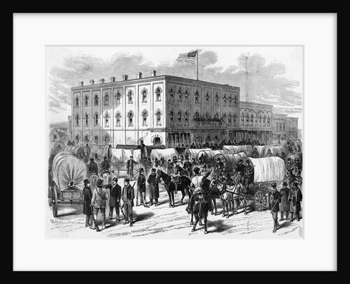 Covered Wagons Grouped To Leave Town by Anonymous