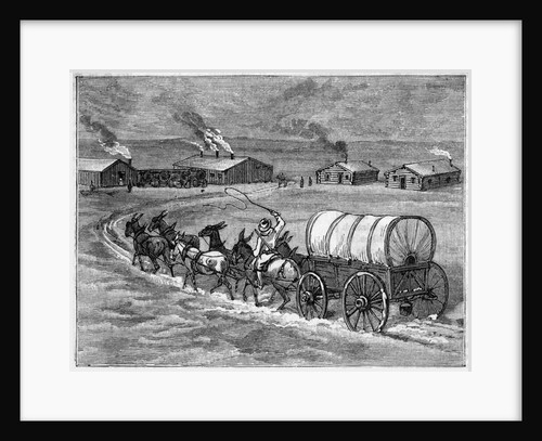 Covered Wagon Approaching Log Cabins by Anonymous