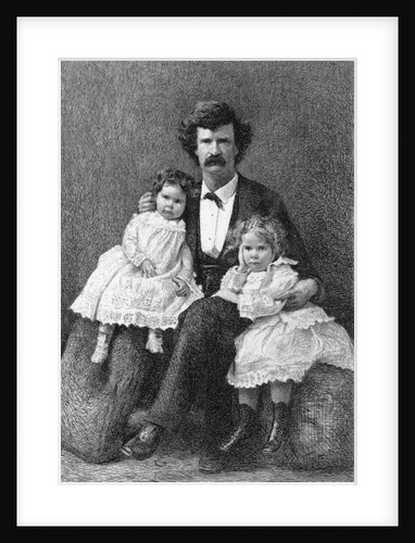Samuel Clemens Holding Daughters/Etching by Anonymous