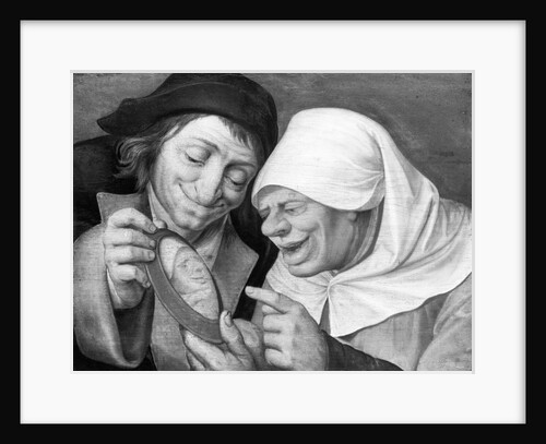 Painting of a Peasant Couple Looking at a Mirror by Jan Massys