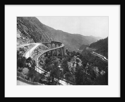 Train Traveling Over Viaduct in Mountain by Anonymous