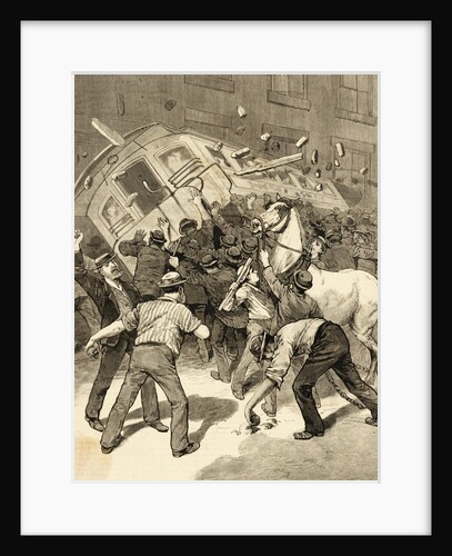 Illustration of Striking Conductors and Drivers Overturning a Trolley Car by Anonymous
