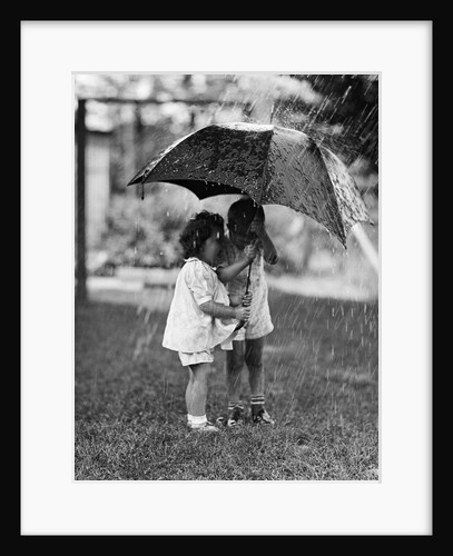 Two Children Under Umbrella During a Downpour by Anonymous