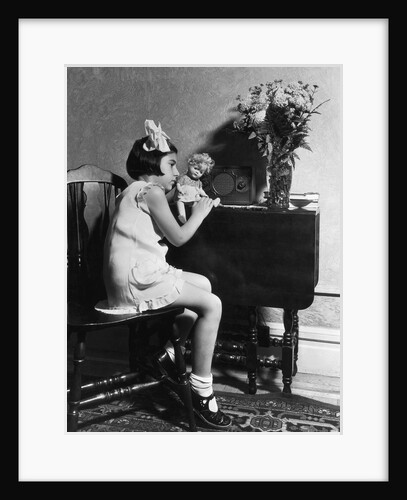 Girl and Doll Listening to Radio by Anonymous