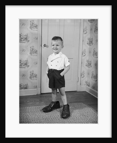 Boy Standing in Oversized Shoes by Anonymous