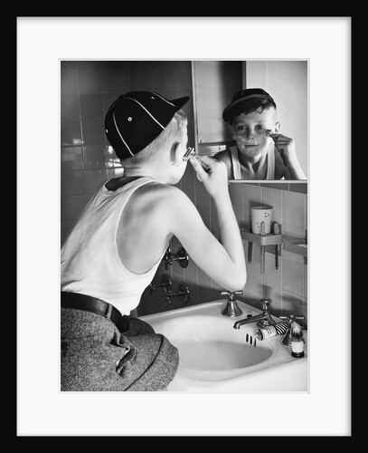 Boy Shaving at Mirror by Anonymous
