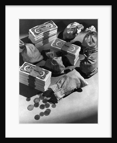 Stacks of $100 Bills, Coins, and Money Bags by Anonymous