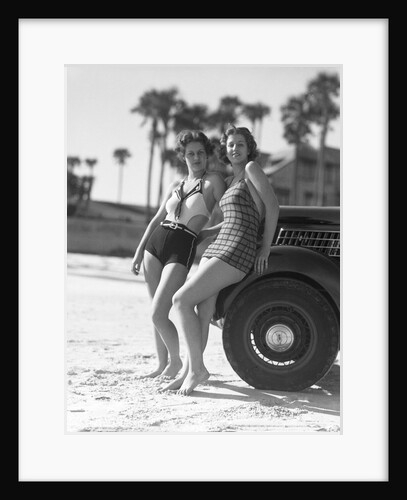 Women in Bathing Suits Leaning Against Car by Anonymous