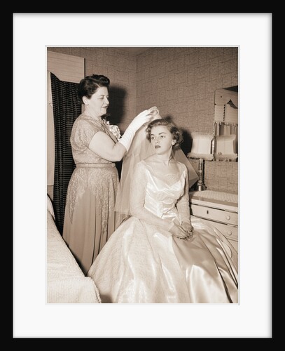 Mother Putting Bridal Veil on Daughter by Anonymous