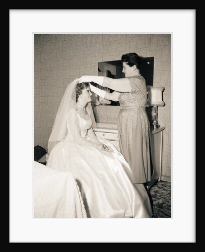 Mother Putting Bridal Veil on Daughter by Anonymous