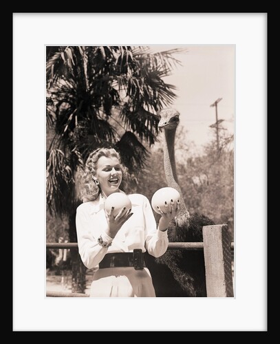 Ostrich Behind Woman Holding Its Eggs by Anonymous