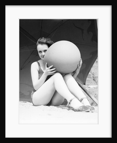 Woman in Bathing Suit Holding Beach Ball by Anonymous