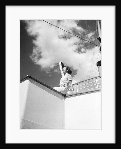 Woman Sitting on Ship Railing by Anonymous