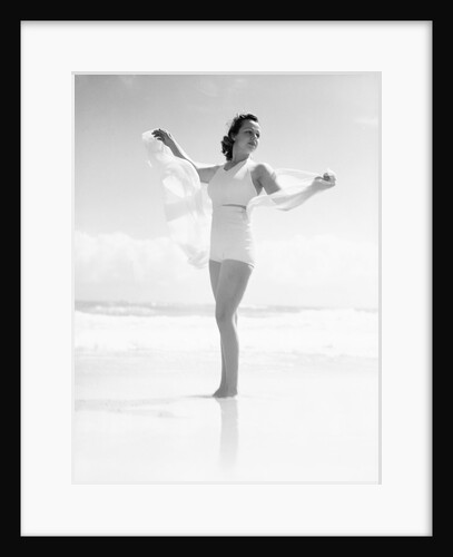 Woman at Beach Holding Sheer Scarf by Anonymous