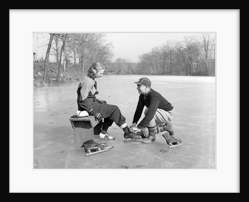 Man Lacing a Woman's Ice Skate by Anonymous