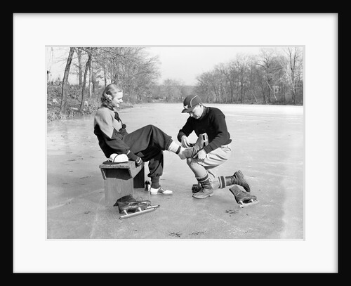 Man Putting on Woman's Ice Skates by Anonymous