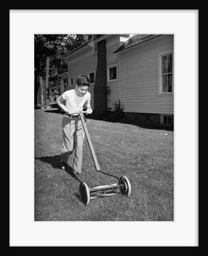 Boy Pushing Manual Lawnmower by Anonymous