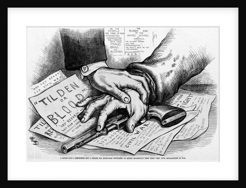 Two hands that are touching a gun that is laying on advertisments by Anonymous