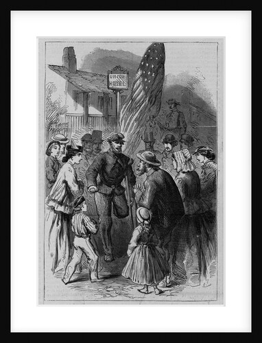 A veteran with a crutch stands with a crowd around him by Anonymous