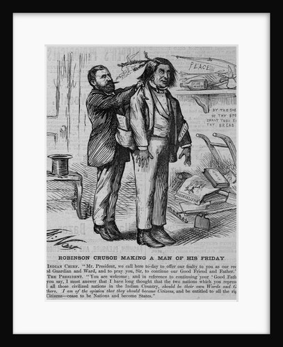 Robinson Crusoe making a man of his friday. Indian chief by Anonymous
