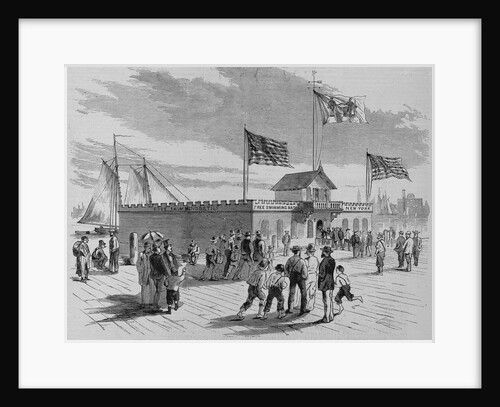 Free swimming baths, foot of fifth street, east river. From a sketch by Stanley Fox by Anonymous