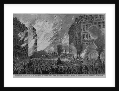 The Great Fire in Boston - View of the conflagration in Devonshire Street, looking south toward Beebe & Co.'s Buildings, on Winthrop Square. From a s by Anonymous