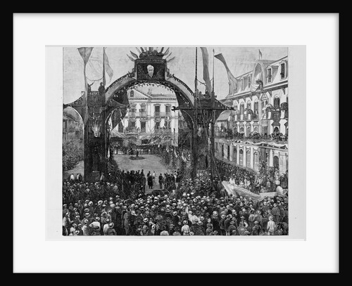 The Panama Canal - M. De Lesseps, on his arrival at Panama, receiving a floral crown under the triumphal arch in front of the Episcopal Palace. See p by Anonymous