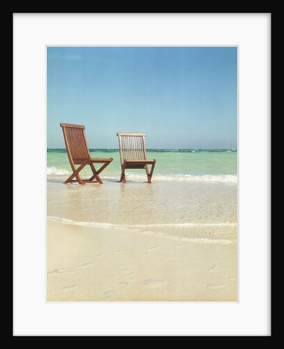 Pair of Wooden Lounge Chairs on Beach by Anonymous