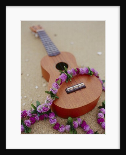 Ukelele and garland, elevated view by Anonymous