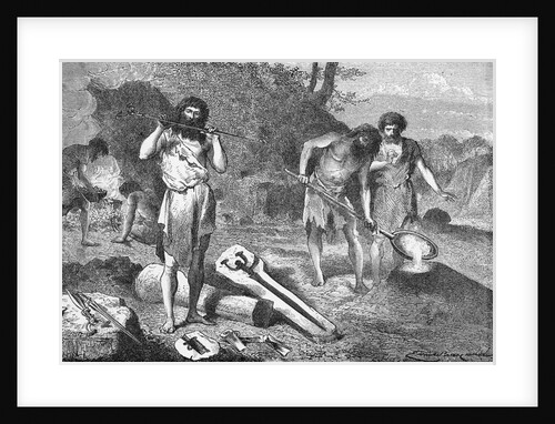 Woodcut Illustration of Prehistoric Men Casting Swords by Anonymous