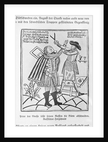Woodcut of Peter the Great cutting the beard of a boyar by Anonymous