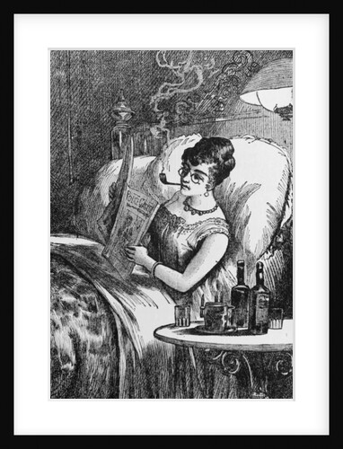 Woman Smoking Pipe in Bed While Reading Police Gazette by Anonymous