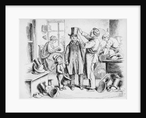 Man Trying on Stovepipe Hat in 1867 Hatmaker Shop by Anonymous