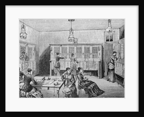 Woodcut Depiction of Early Telephone Room by Anonymous