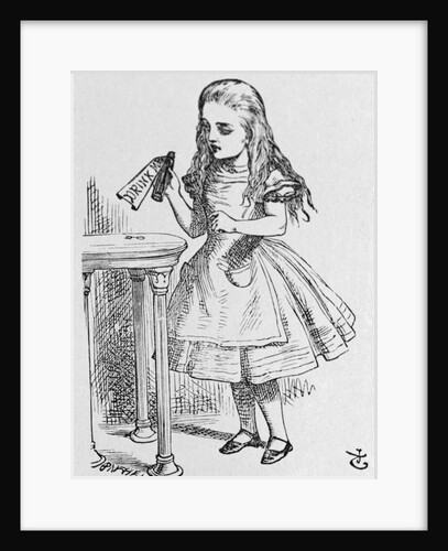 Illustration Depicting Alice Holding the Bottle Labelled "Drink Me" by John Tenniel