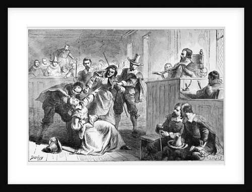 Engraving of a Suspect Fainting Before Judge During Witch Hunt Trial by Darley
