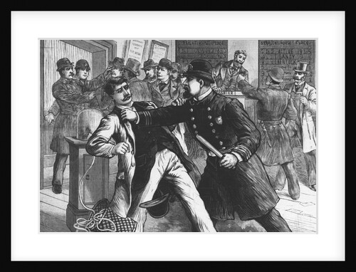 Woodcut Print of Police Raiding Bookie Room by Anonymous
