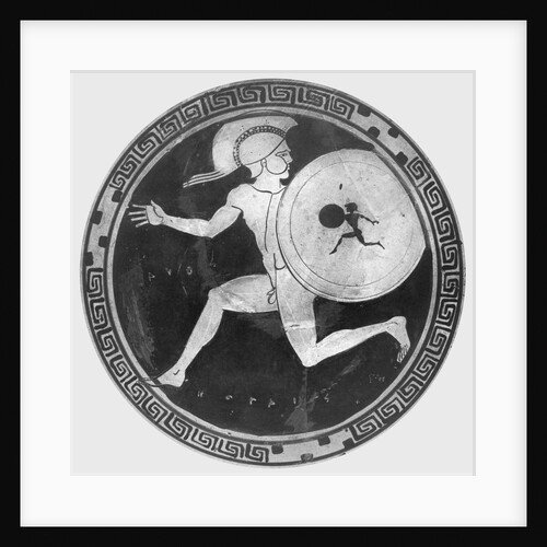 Red Figure Vase Painting with Greek Soldier Holding a Shield by Anonymous