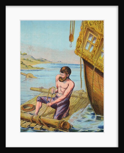Book Illustration of Robinson Crusoe Tying Together a Raft by Anonymous