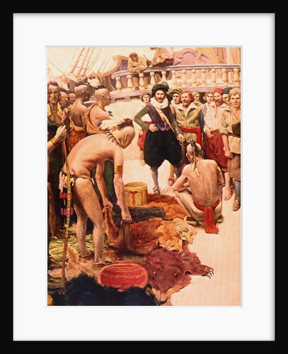 Illustration of Henry Hudson Trading Furs with Native Americans by Anonymous