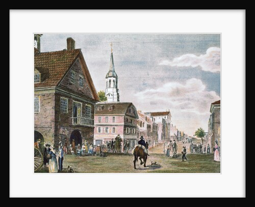 Church and Travelers in Street Scene of Early Philadelphia by Anonymous