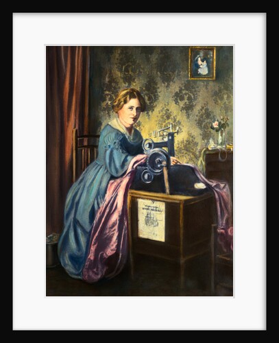 Young Woman Using Early Sewing Machine by Anonymous