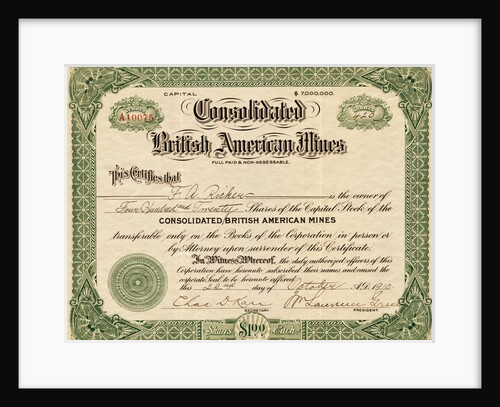 British American Mines Certificate by Anonymous